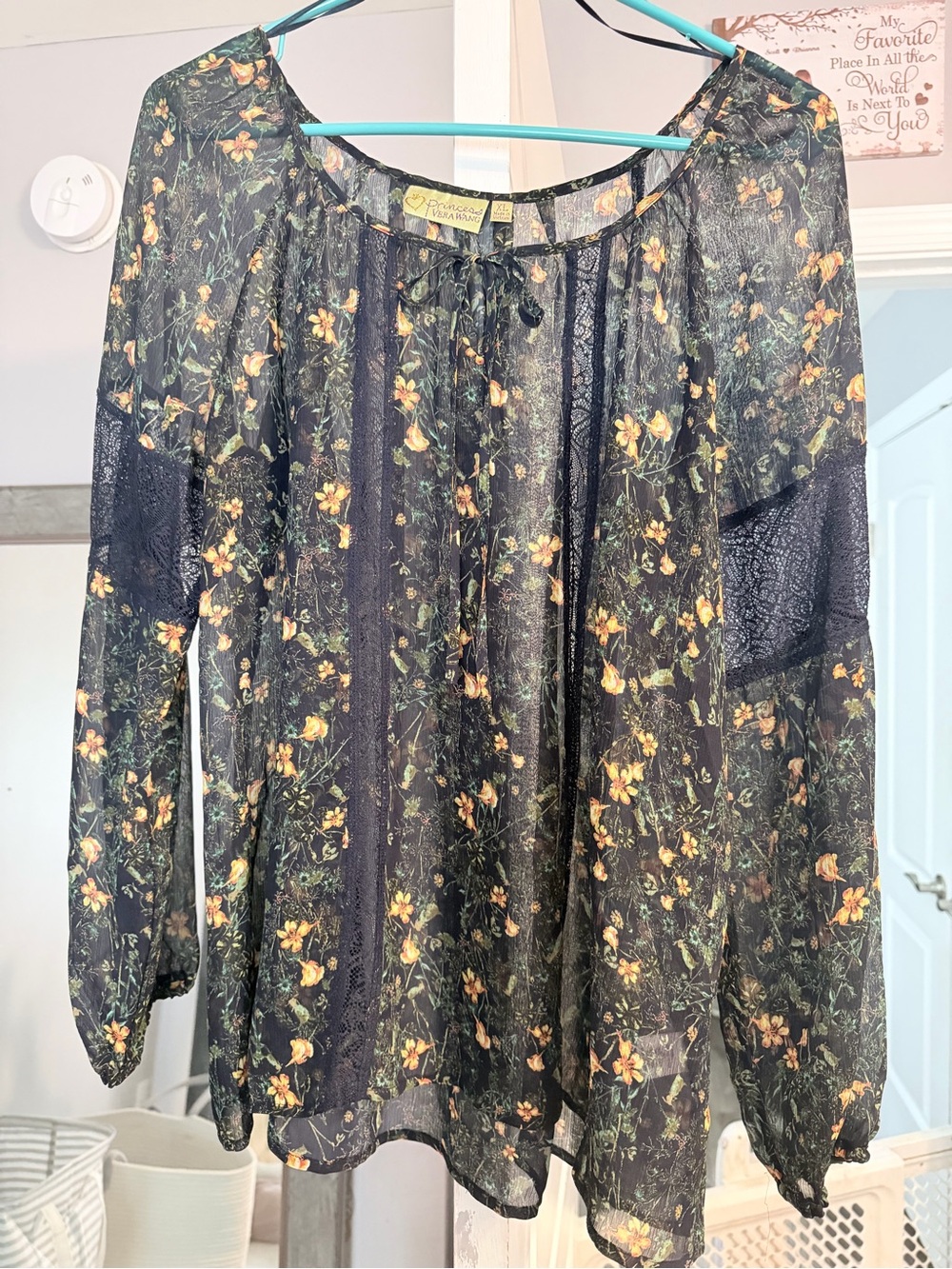princess vera wang Black Sheer Floral Peasant Blouse with Yellow Flowers